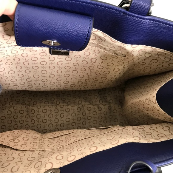 GUESS Women's Elian Satchel Purse Tote Handbag Blue Leather Silver Logo NWOT - Picture 3 of 9